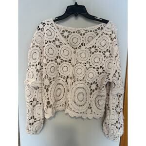 Crochet Cardigan Cottagecore Boho Hippie Women's XL Open Knit Cream Off White